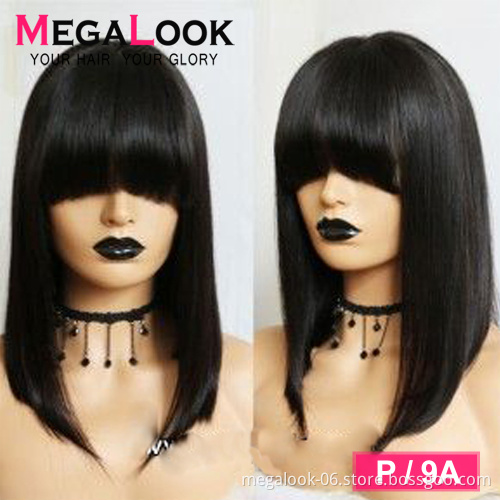 OEM 12 Inch Brazilian Hair Cuticle Aligned 100% Original Human Hair Machine Made Lace Wigs With Bangs